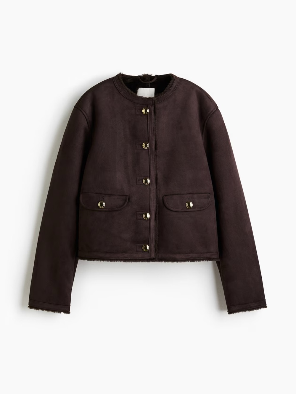 H&M Cropped Shearling-Trim Jacket in Dark Brown